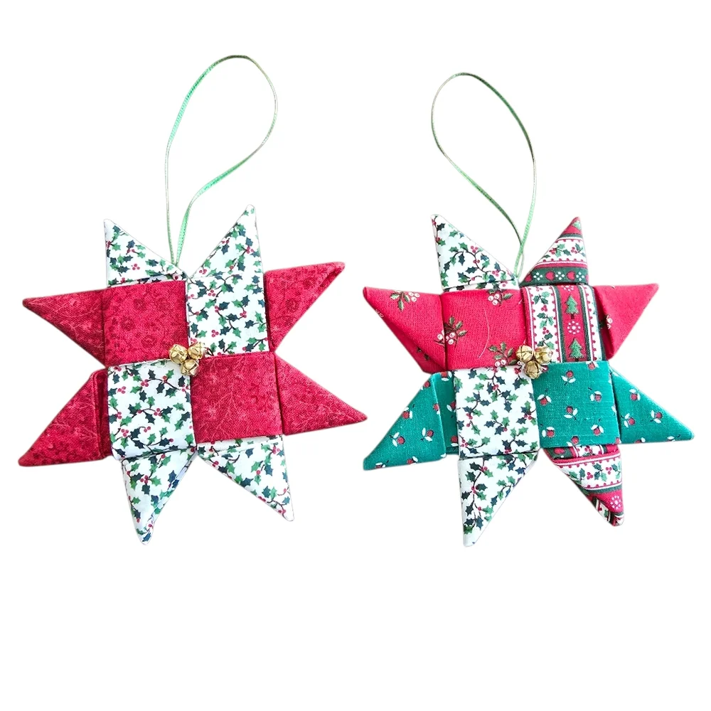 Festive Red and Green Star Ornaments‎ Patchwork Handmade
